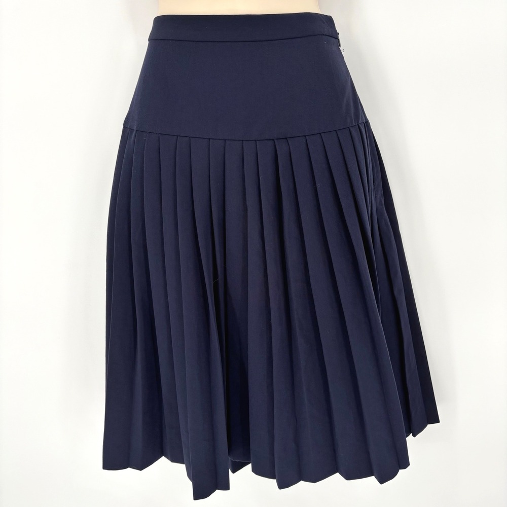 Tommy Hilfiger Navy Blue Pleated Midi Skirt Size 6 Preppy Dropped Waist Side Zip